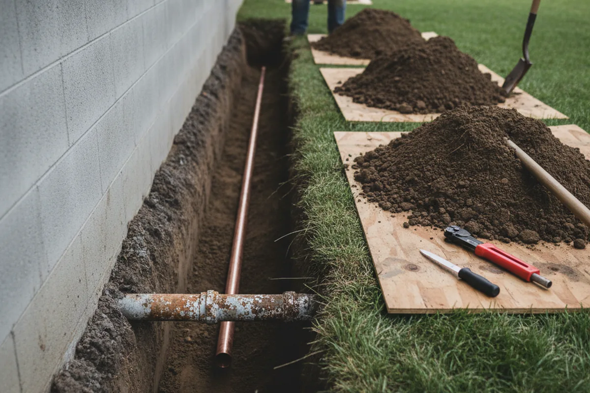 Excavated water line trench during Sewer Line Repair in Trinway